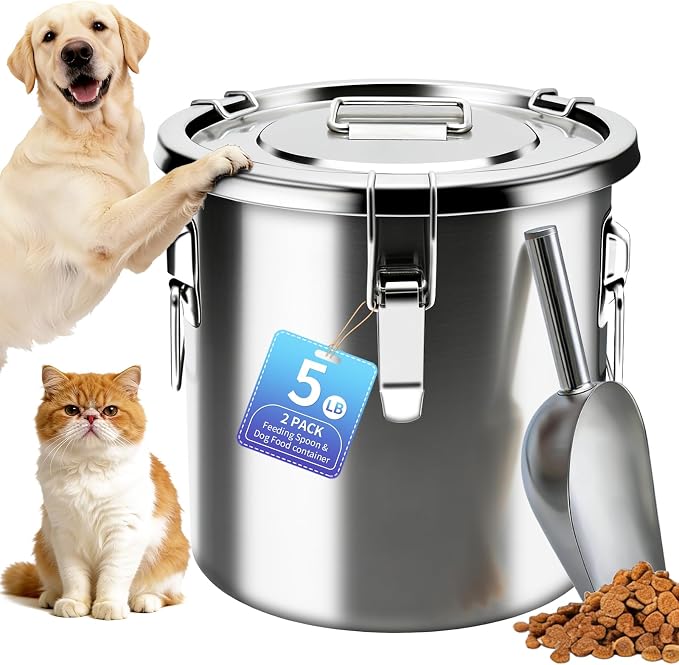 5LB Stainless Steel Dog Food Storage Container, Airtight Metal Pet Food Storage Bin with Lid and Scoop, Large Dog Food Container for Dry Food, Keep Fresh, Easy to Clean