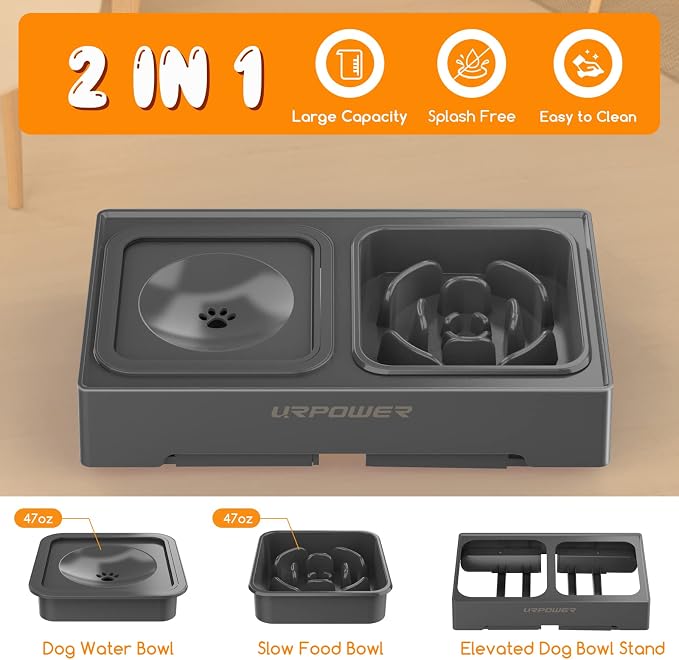 URPOWER 2-in-1 Elevated Slow Feeder Dog Bowls with No-Spill Water Bowl | 4 Height-Adjustable Raised Dog Bowls, Non-Slip Food and Water Bowls with Stand for Small, Medium, Large Dogs, Cats and Pets