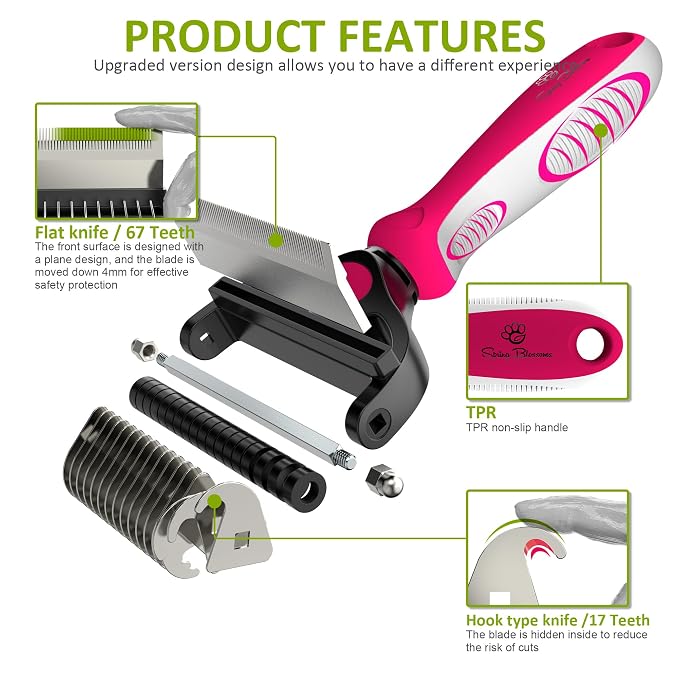 Spring Blossoms-2 in 1 Professional Grooming Rake for Cats & Dogs-Dematting Comb for Easy Mats & Tangles Removing,Pet Brush Safe No More Nasty Shedding and Flying Hair (Rose)