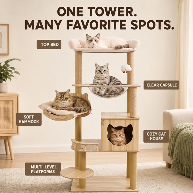 Multi-Level Cat Tree for Indoor Cats, Wooden Cat Tower with Cat House, Scratching Posts, Hammock and Platforms, Natural Wood Cat Furniture