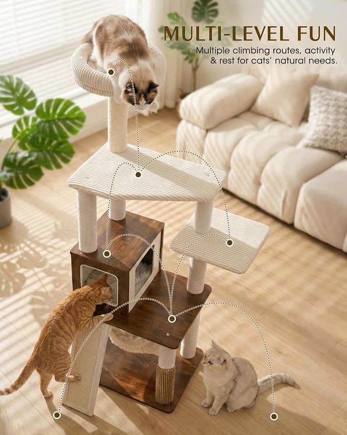 61" Modern Cat Tree, Tall Cat Tower with Self-Grooming Brush | Removable Washable Cushion, Pyramid Anti-Tip Base, Cat Furniture, Cozy Cat Condo, Sisal Scratching Post, Multi-Cat Household