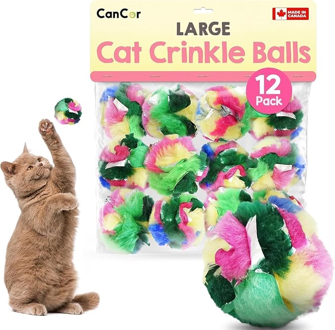 Large Cat Crinkle Balls 2.5 Inch | 12 Pack | Soft Lightweight Indoor Cat Toys with Durable Crinkle Build and Engaging Sound