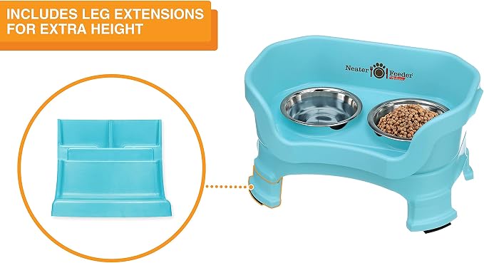Neater Feeder Deluxe Mess-Proof Elevated Cat Bowls, 2 Height Adjustable (6” & 7.5”) No-Spill Raised Cat Bowl Stand, Whisker Friendly Stainless Steel Dishes for Indoor Cats, Made in USA, Aquamarine