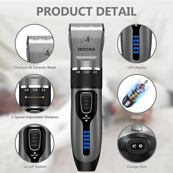 4 in 1 Dog Clippers Grooming Kit and Paw Trimmer for Thick Hair&Coats | 3-in-1 Clipper+Paw Trimmer+Nail Grinder, <60dB Quiet, Cordless,LED Display, 4 Guide Combs, Detachable Titanium-Ceramic Blade