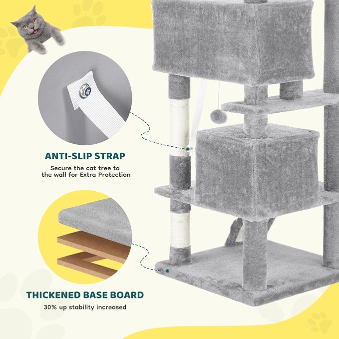 DUMOS 54 Inch Cat Tree Tower with Scratching Posts, Indoor Use | Multi-Level Pet House for Large Cats with 2 Condos, Round Platform, Small Ladder and Toys, Light Grey
