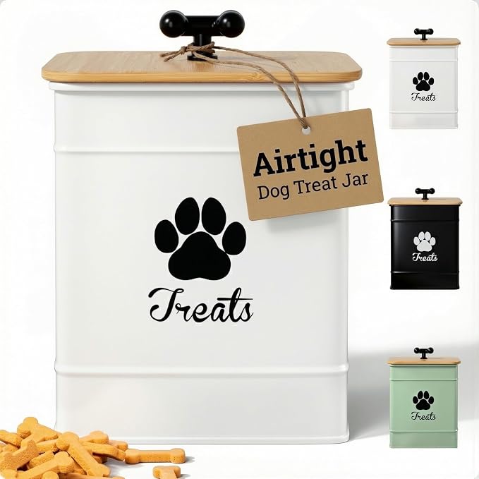 Dog Treat Container Airtight - 6 Inch Wide x 8 Inch Tall Iron Dog Treat Jar for Kitchen Counter with Airtight Bamboo Lid - 12 Cup Capacity Pet Treat Container - Doggie Cookie Jar - Big Treats Canister