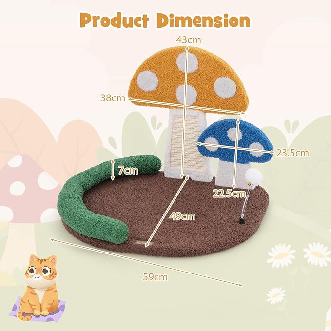 PETSITE Mushroom Cat Tree for Indoor Cats, Modern Small Cute Cat Tree with Natural Sisal Scratching Board, and Teasing Spring Ball (17 Inches Tall)