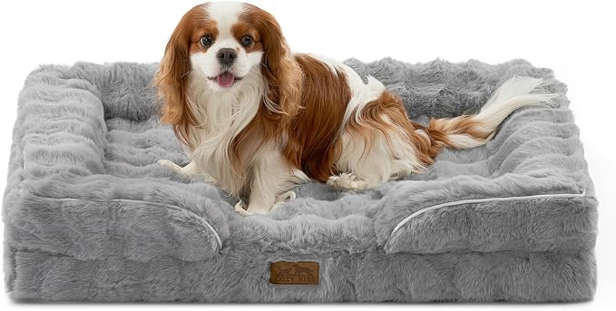COZY KISS Orthopedic Dog Bed for Large Medium Size Dog, Soft and Warm Faux Fur Sofa for Pet Up to 75 lbs, Foam Bolster Anti-Slip Couch with Washable Removable Cover, L 36x27x6.5 inch, Grey