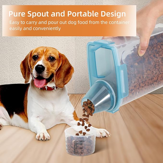 LEAWALK 3-5Lbs Airtight Small Cat Dog Pet Food Storage Containers BPA Free, with Large Pour Spout/1 Measuring Cup/ 4 Safety Locks and Double-layer Silicone Strip (Clear Grey &Clear Blue 4Pack)