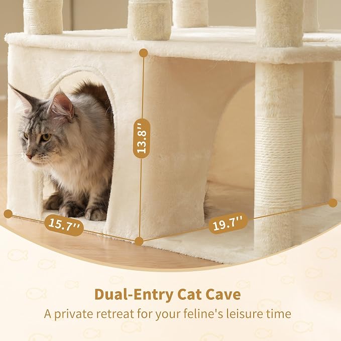 Heybly Cat Tree, 71-Inch Tall Cat Tower for Large Maine Coon Cats HCT03MG | Cat Condo Furniture with Extra-Large Baseboard, Multi-Level Platforms, 2 Hammocks and 12 Scratching Posts, Beige