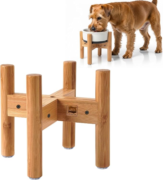Dog Bowl Stand for Small-to-Medium Dogs - Adjustable | Use to Elevate Raise Dog Food, Water and Slow Feeder Bowls, Lock-Bolts and Tool Added, Foot-Padded, Bamboo Stand Only