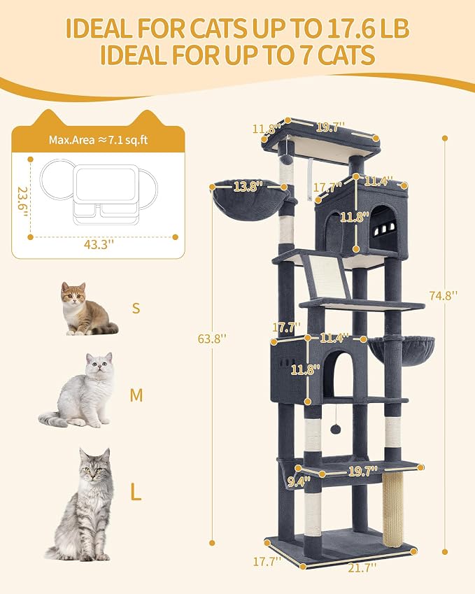 Hzuaneri Tall Cat Tree 75 Inch, Indoor Large Multi-Level Cat Tower | Cat Condo Furniture with 5 Scratching Post, 2 Hanging Basket, 2 Condo, 2 Large Platform, Pet Play House, Dark Grey MS19018SG