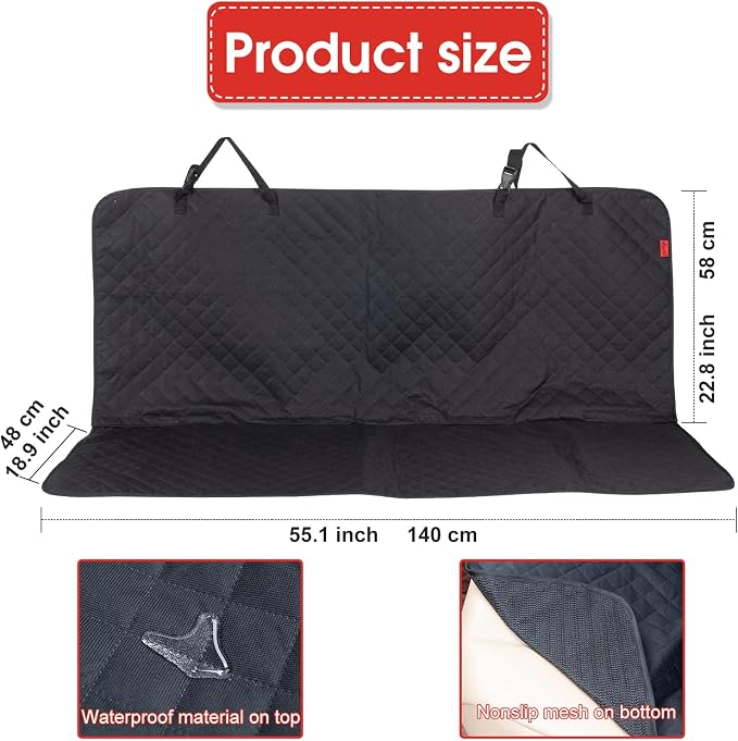 Kaiphy Dog Car Seat Cover, Back Seat Cover for Dogs Pet Car Seat Protector Waterproof Bench Car Seat Cover, Non-Slip Rear Seat Cover with 4 Safety Belt Openings for Safe Travel, Fits Cars Trucks SUVs