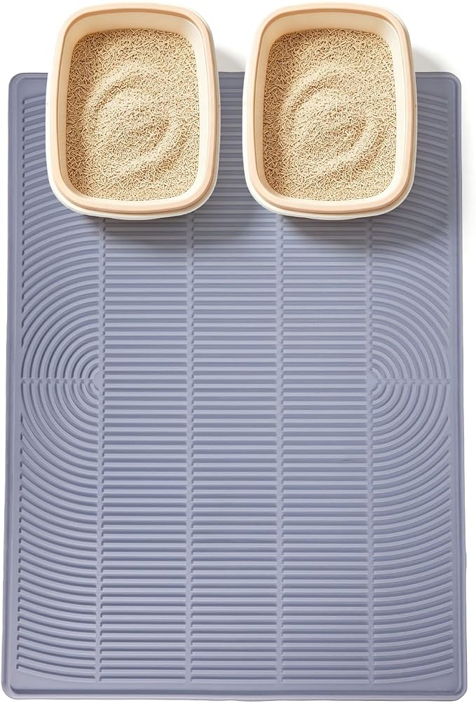 Cat Litter Mat, XL 46x35in Waterproof Silicone Litter Box Mat, Grey | XXL Cat Mat Fits 2-4 Litter Boxes, Litter Trapping Mat with Raised Edges & Textured Surface, Non-Slip Bottom, Easy Clean