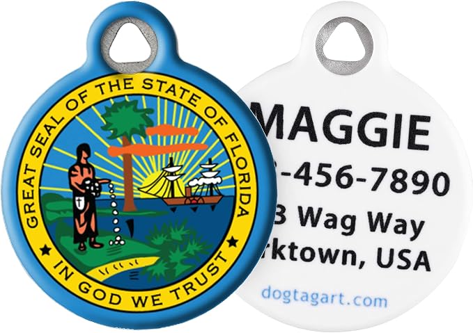 Personalized United States Flags Pet ID Tags for Dogs and Cats, Florida State Emblem, Small