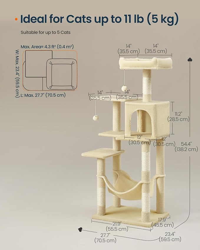 SONGMICS HOME Cat Tree for Indoor Cats, Multi-Level Cat Tower with Sisal Scratching Posts, Hammock and Condo, Beige