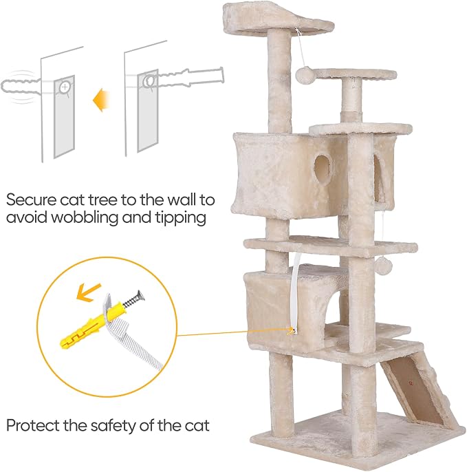 ZENY 55 inches Cat Tree with Sisal-Covered Scratching Posts and 2 Plush Rooms Cat Furniture for Kittens