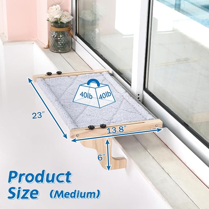 Zakkart Easy Seat Cat Perch for Windowsill (Natural Wood/Gray, M) | Hook-On Windowsill Mount, Clean Hammock Design, Premium Wood & Robust Metal Frame, Machine Washable Bed, 23"W x 14"D