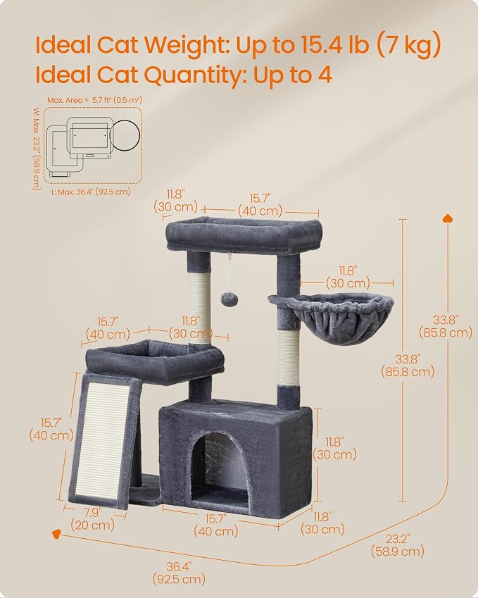 Feandrea Cat Tree, Cat Tower Condo with Scratching Posts and Ramp, 2 Large Perches, Cave, Basket, 33.8 Inches Tall, Dark Gray UPCT013GS02S