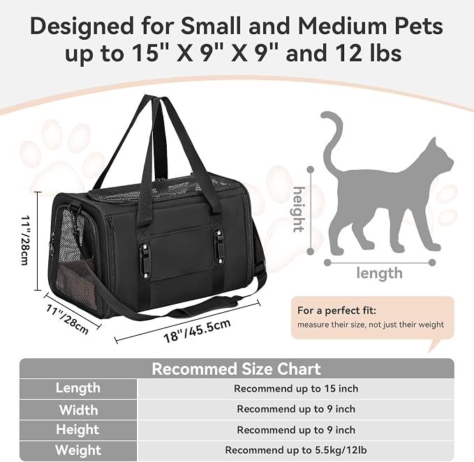 PETSFIT Soft-Sided Cat Carrier with Patented Safety Buckles, Lockable Zippers & Safety Tether,Escape-Resistant Travel Pet Carrier for Car Rides & Vet Visits, Airline Approved Under-Seat, Up to 12 lbs