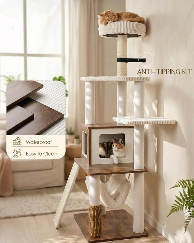 61" Modern Cat Tree, Tall Cat Tower with Self-Grooming Brush | Removable Washable Cushion, Pyramid Anti-Tip Base, Cat Furniture, Cozy Cat Condo, Sisal Scratching Post, Multi-Cat Household