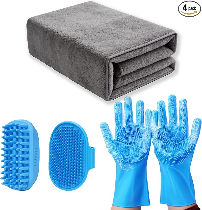 4PCS Dog washing kit,Dog Bath Brush | Dog Washing Gloves | Microfiber Large dog towel 56'' X 28'',Very suitable for bathing, swimming, outdoor activities, and camping for large and medium-sized dogs.