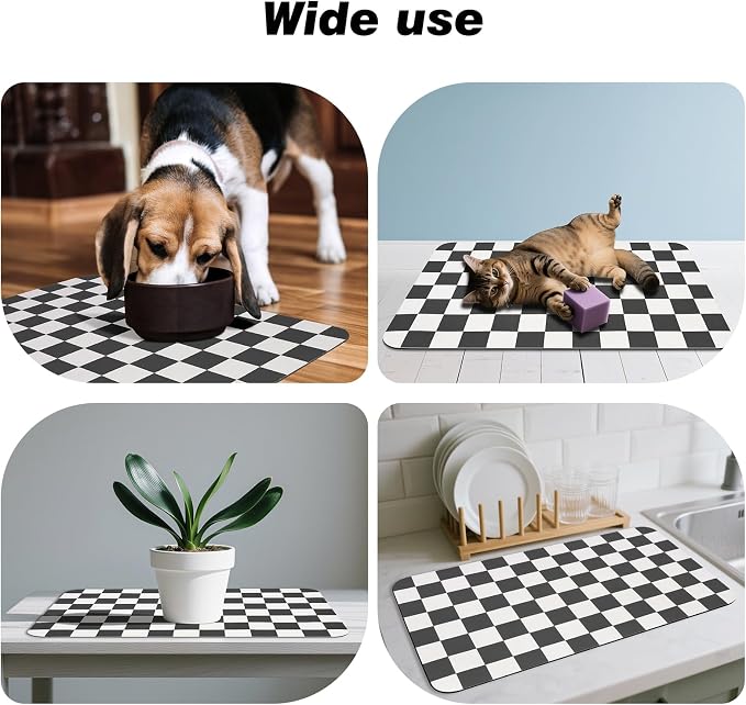 CooRug Checkered Dog Food Mat, Pet Feeding Mat 32" L x 17" W, Black | Absorbent, Leak-Proof, Anti-slip, Quick Dry, Eco-friendly Materials, Easy to clean and store, For Messy Drinkers