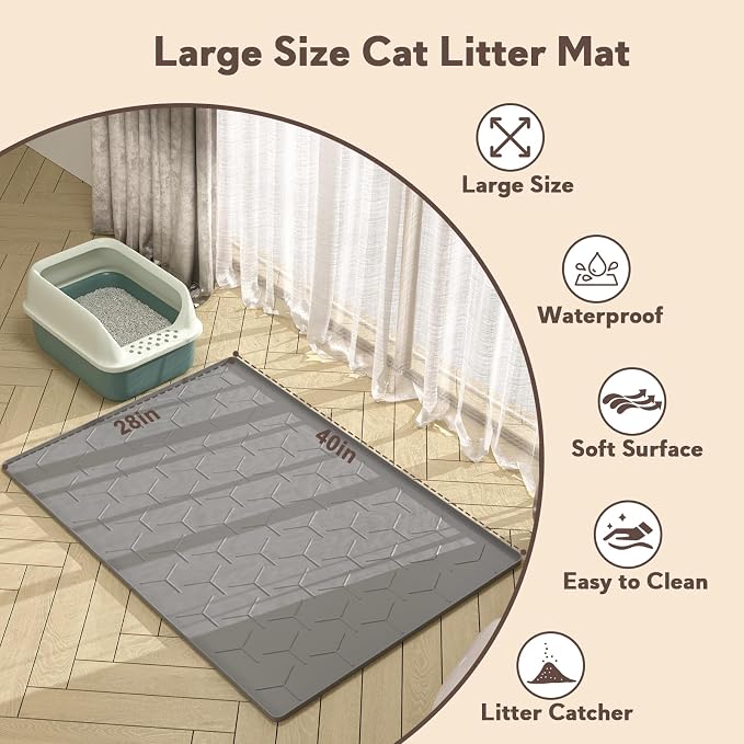 Silicone Cat Litter Mat Large 40" X 28", Easy to Clean, Dark Gray | Large Size Waterproof Silicone Mat with Raised Edges, Catch Litter, Protect Floor from Urine, Multi-Use for Dog/Sink/Kitchen