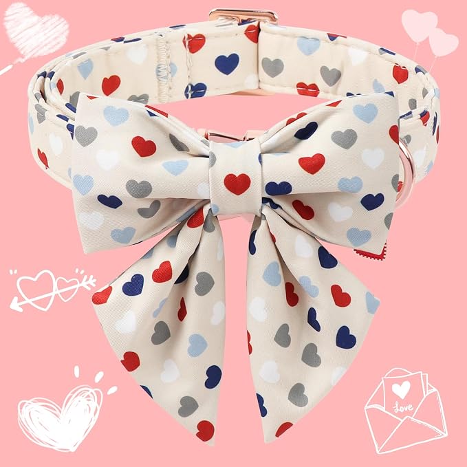 DOGWONG Dog Bow Collar Valentine's Day Dog Collar -Hearts Print Dog Collar with Bowtie Spring Dog Collars Pet Collar Bows Cute Collars,M