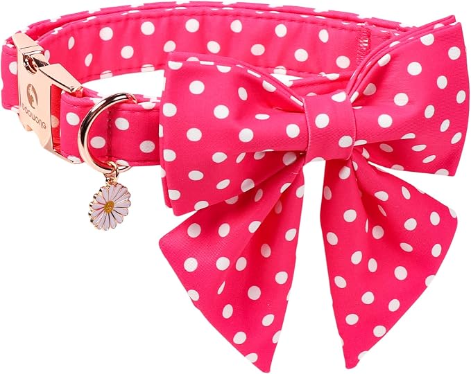 Pink Dog Collar for Girl Dogs, Spring Summer Pink Dots Dog Collar with Bowtie- Adjustable Female Sailor Bow Dog Collar for Small Dogs S