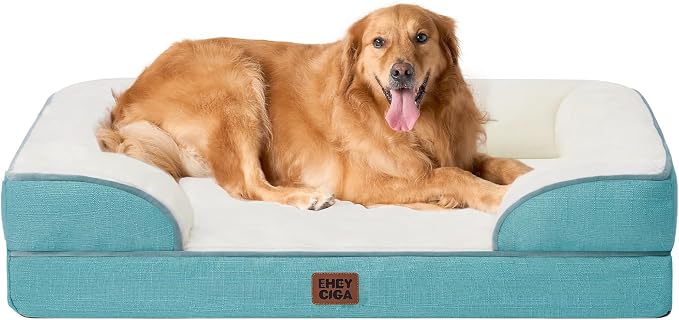 EHEYCIGA Orthopedic Dog Beds for Extra Large Dogs, Waterproof Memory Foam XL Pet Bed with Sides, Non-Slip Bottom and Egg-Crate Foam Big Dog Couch Bed with Washable Removable Cover, Turquoise Blue