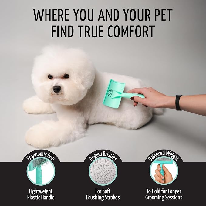 Tauro Pro Line Deshedding Slicker Brush for Dogs & Cats, Soft Pins for Gentle Dematting & Detangling, Grooming Tool for Long & Wavy Coats, Ideal for Doodles, Non-Slip Grip, Mint, Small Size (S)