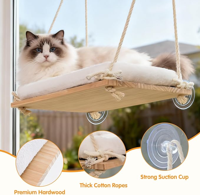 Cat Window Perch Hammock with Solid Wood Seat & Plush Cushion | 4 heavy-duty suction cups, comfortable indoor cat bed & perch, sturdy wooden window seat, space-saving cat hammock