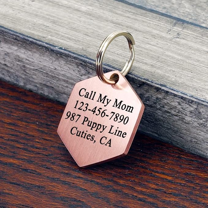 Ultra Joys Stainless Steel Dog ID Tag Personalized Front & Back Engraving, Customized Dog & Cat Tags Optional Both Sides, Hexagon Tag Vine Design, Rose Large