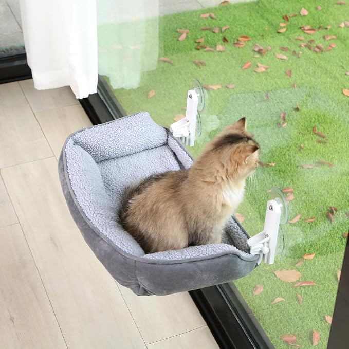 Zakkart Foldable Cat Hammock for Window with Bolster - Cordless, Fold-Up, Three-Side Bolstered Machine Washable Fluffy Bed, Robust Metal Frame - Cat Window Perch for Large Cats and Kittens - Gray