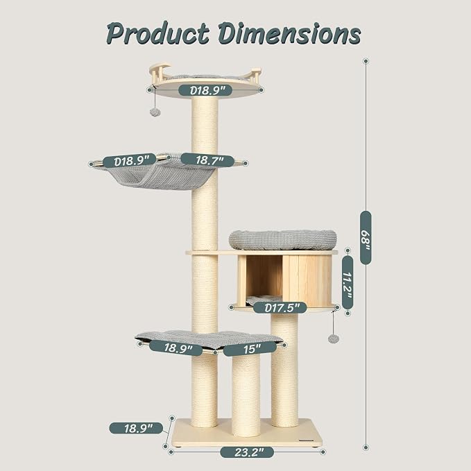 Tall Cat Tree, 68" Large Cat Tower Multi-Level Platforms with Sisal Scratching Posts, Cat Tree for Large Cats 20 lbs Heavy Duty, Cat Condo Furniture for Active Cats, Top Fence Safety