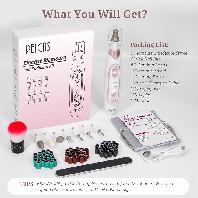 PELCAS Electric Nail File, 5 Speeds Nail Grinder for Thick Toenails | 5 Speeds Manicure and Pedicure Kit with LED Light, Electric Nail File for Human,Seniors,Thick Toenails,Natural, Acrylic Nails