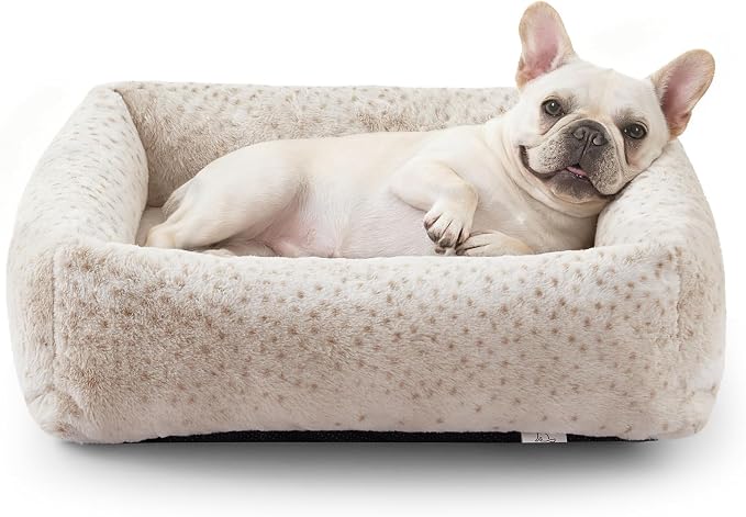 JOEJOY Dog Bed for Small Medium Dogs, Removable Washable Cover Orthopedic Soft Faux Rabbit Fur Pet Bed, Anti-Slip Fluffy Plush Puppy Bed, 25"x21"x7", Leopard Print, Beige