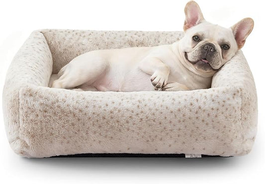 JOEJOY Dog Bed for Small Medium Dogs, Removable Washable Cover Orthopedic Soft Faux Rabbit Fur Pet Bed, Anti-Slip Fluffy Plush Puppy Bed, 25"x21"x7", Leopard Print, Beige