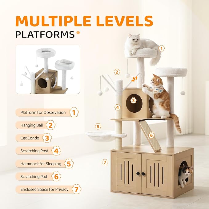 VINGLI Cat Tree Tower with Litter Box, 54" H All-in-1 Wooden Cats Condo, Cat Tower wih Scratching Posts, Houses for Indoor Kittens Hidden Cat Washroom Furniture (Light Brown Cabinet)