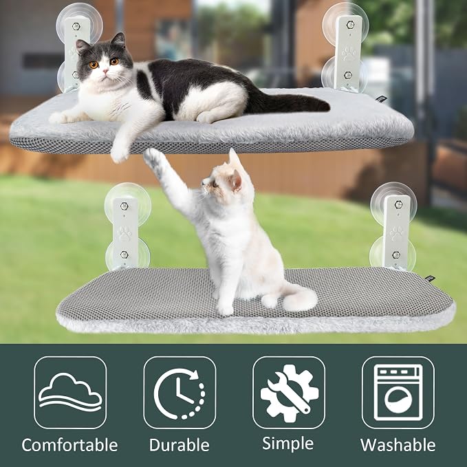 Sunhoo Cat Window Hammock Perch Cordless Perches Window Sill Seat Bed Foldable Stable Lounger Upgraded Suction Cup Easy Assembly Indoor Cats Kitty Shelf Hold Up to 55lbs (Light Gray, S)