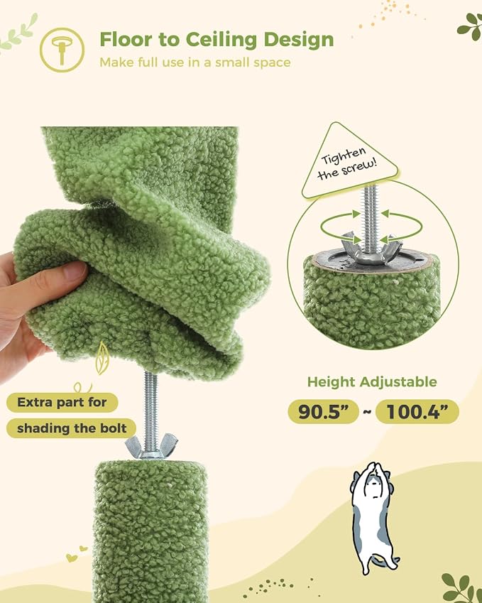 PEQULTI Floor to Ceiling Cat Tree Tower, Height Adjustable 230-252cm, Green | Cactus climbing pole for large cats with cat condo, hammock & sisal scratching posts; measure ceiling, fits 230-252cm