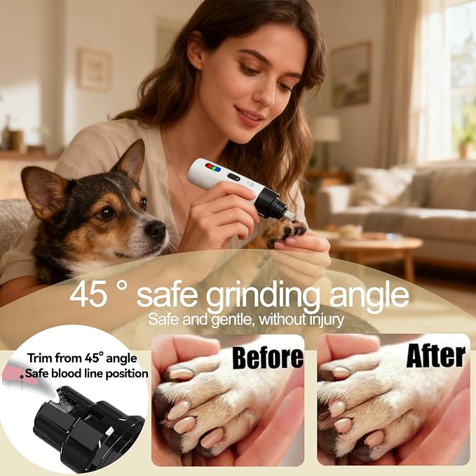 Silent Pet Nail Grinder for Dogs & Cats, 3 Grinding Heads | Professional 2-Speed Rechargeable Dog Nail Trimmer for Small/Medium Dogs & Cats, Painless Paw Grooming