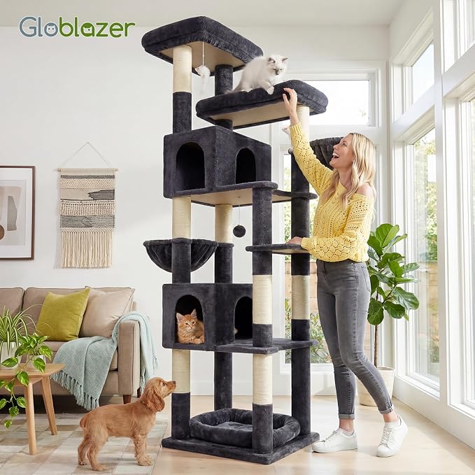 Globlazer Sturdy Extra Large Cat Tower for Indoor Cats, S81C, Dark Grey | 81 inch Heavy Duty Cat Tree for Indoor Large Adult with 8 Scratching Post, 2 Cat Condos, 2 Platform