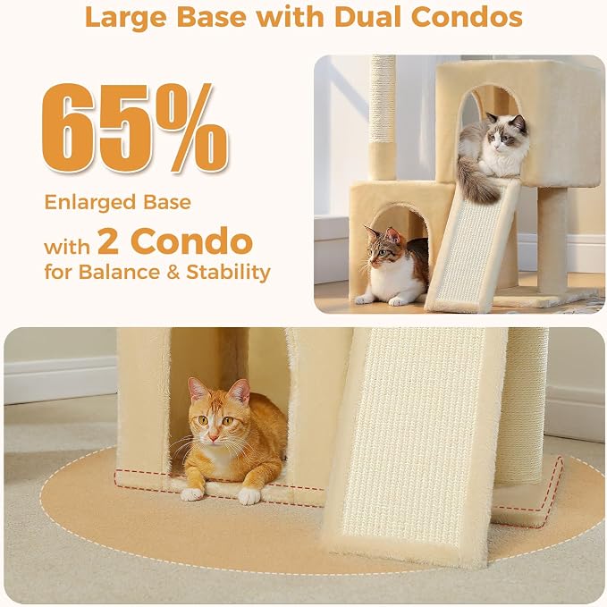 PAWZ Road Large Cat Tree, 45" Heavy Duty Cat Tower with Dual Condos, 3 Thick Full Wrapped Sisal Posts(φ4.3), Spacious Top Perch, Scratching Ramp for Large Cats,Beige