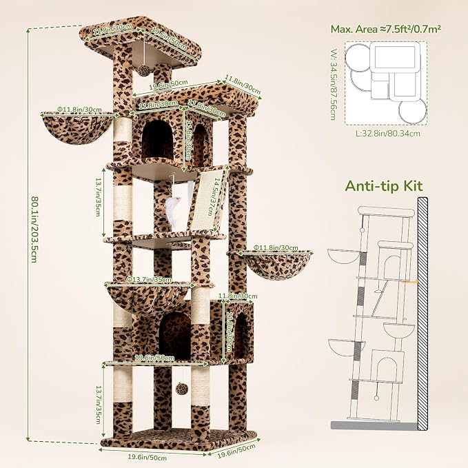 Globlazer 80in Extra Large Leopard Cat Tree Tower, S80G, Leopard Print | Multi-Level Cat Condo For Multiple Indoor Cats Large Adult Kittens, Scratching Posts, Widened Perches, Adjustable Baskets