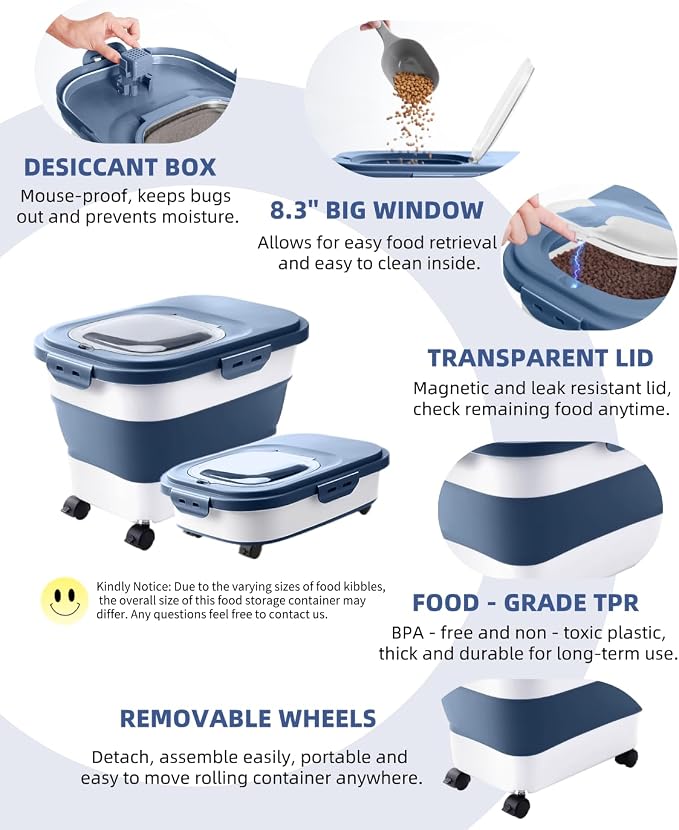 20-30 Lbs Rice Storage Container,Collapsible Food Storage Container | Flour Storage Container with Wheels Airtight Locking Lid,Rice Container Double Seal,Keep Fresh for Pet Food,Rice,Flour