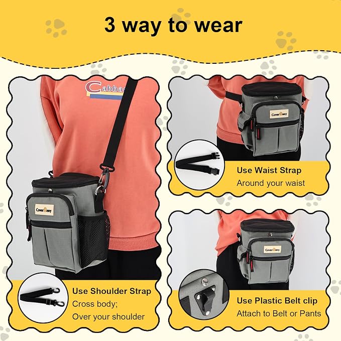 Dog Treat Pouch Open Top for Quick & Spill-Proof Access, Removable Pouch|Poop Bag Dispenser|3 Ways to Wear, Dog Treat Bag - Collapsible Bowl, Training Clicker & Poop Bag for Training & Walking. (Grey)