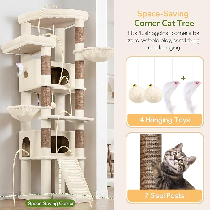 Globlazer 80in Tall Extra Large Heavy Duty Corner Cat Tree Tower, S80C | Sturdy Big Cat Tower for Indoor Cats Large Adult with Scratching Post, 2 Spacious Condos with Padding, 2 Perches, Beige