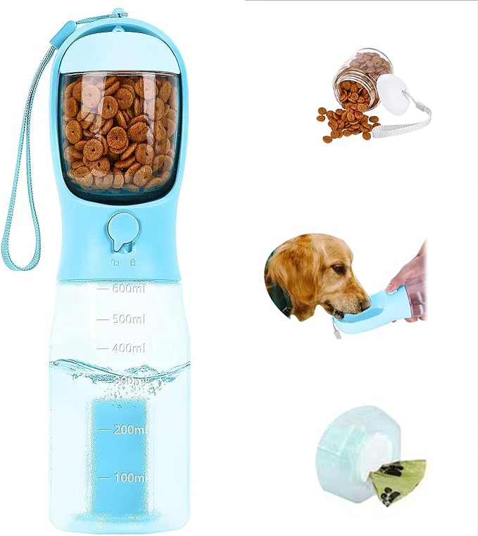 3-in-1 Portable Dog Water Bottle Dispenser,Crate with Food Container, Replaceable Waste Bags,Dog Stuff Accessories Items, Puppy Essentials Necessities,for Walking&Hiking(20oz-Blue)
